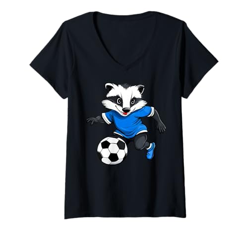 Damen Dachse Fussball T-Shirt mit V-Ausschnitt von Soccer Animals