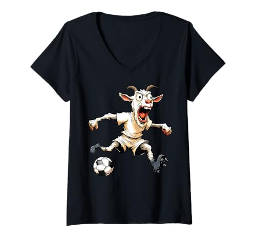 Damen Fussball Ziege T-Shirt mit V-Ausschnitt von Soccer Animals