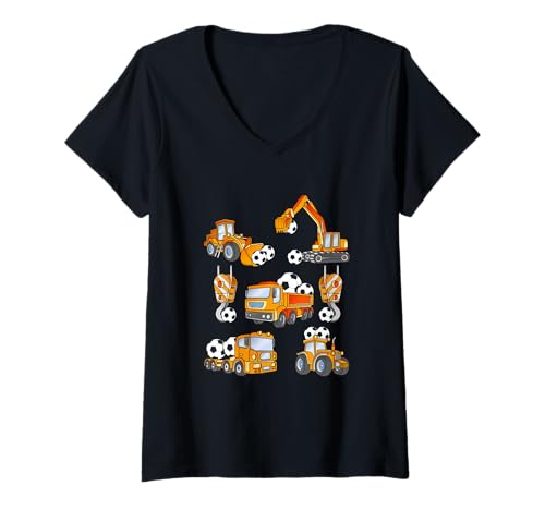 Damen Fußball Kinder Fußball Bauwagen Fahrzeug Sport T-Shirt mit V-Ausschnitt von Soccer Ball Football Construction Trucks Vehicle