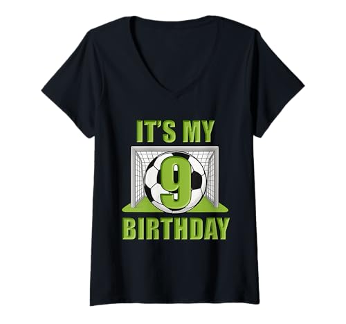 Damen Happy Birthday Soccer Squad Spielertrikot zum 9. Geburtstag T-Shirt mit V-Ausschnitt Damen Happy Birthday Soccer Squad Spielertrikot zum 9. Geburtstag T-Shirt mit V-Ausschnitt von Soccer Celebration Designs for Kids Birthdays
