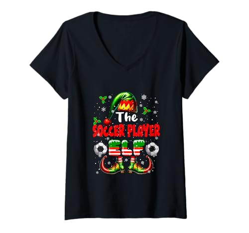 Damen Das Fußballspieler-Elfen-Weihnachtsjobteam, Matching-Partys T-Shirt mit V-Ausschnitt von Soccer Christmas Costume