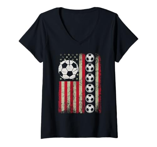 Damen Fußball mit amerikanischer Flagge im Used-Look T-Shirt mit V-Ausschnitt Damen Fußball mit amerikanischer Flagge im Used-Look T-Shirt mit V-Ausschnitt von Soccer Family Outfit American Pride