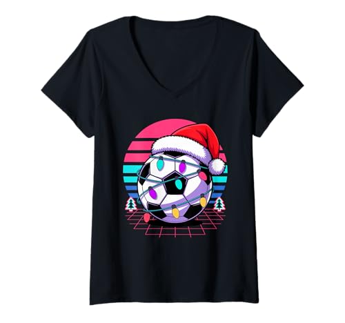 Damen Weihnachten Synthwave Fußball T-Shirt mit V-Ausschnitt von Soccer Gift For A Soccer Player