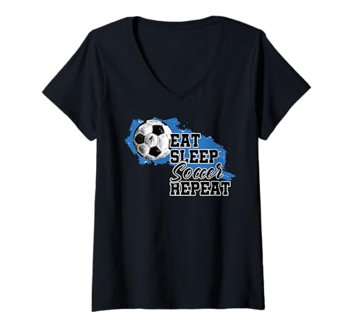 Damen Soccer Funny Eat Sleep Soccer Repeat T-Shirt mit V-Ausschnitt Damen Soccer Funny Eat Sleep Soccer Repeat T-Shirt mit V-Ausschnitt von Soccer Player & Soccer Lover by NLTS