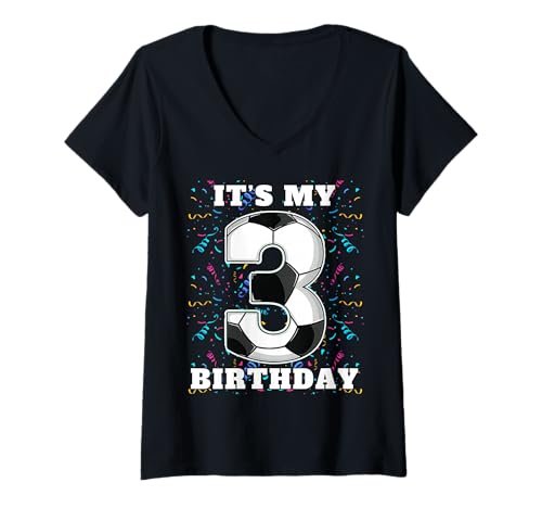 Damen Happy Birthday Soccer Squad 3. Geburtstag Spieler T-Shirt mit V-Ausschnitt von Soccer Squad Birthday Gifts and Apparel for Young