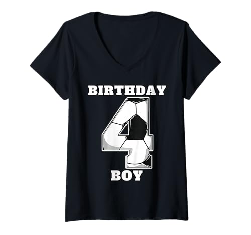 Damen Happy Birthday Soccer Squad 4. Geburtstag Spieler T-Shirt mit V-Ausschnitt von Soccer Squad Birthday Gifts and Apparel for Young