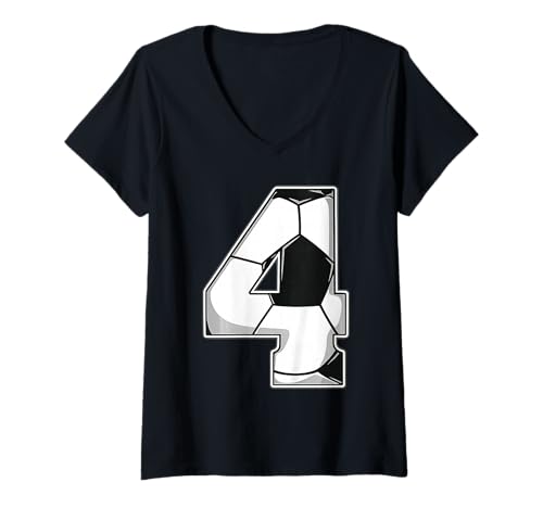 Damen Happy Birthday Soccer Squad 4. Geburtstag Spieler T-Shirt mit V-Ausschnitt von Soccer Squad Birthday Gifts and Apparel for Young