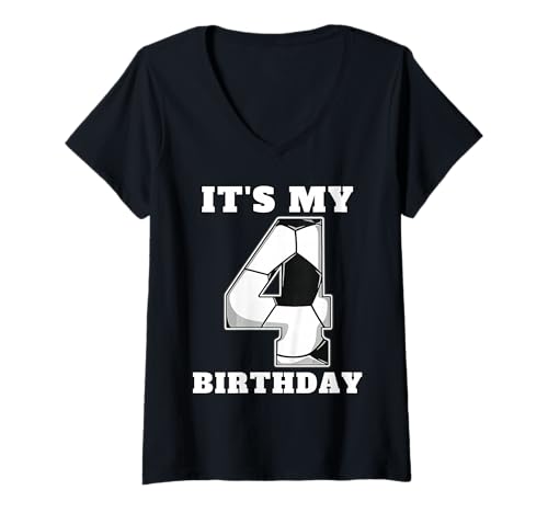 Damen Happy Birthday Soccer Squad 4. Geburtstag Spieler T-Shirt mit V-Ausschnitt von Soccer Squad Birthday Gifts and Apparel for Young