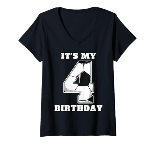 Damen Happy Birthday Soccer Squad 4. Geburtstag Spieler T-Shirt mit V-Ausschnitt von Soccer Squad Birthday Gifts and Apparel for Young
