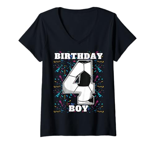 Damen Happy Birthday Soccer Squad 4. Geburtstag Spieler T-Shirt mit V-Ausschnitt von Soccer Squad Birthday Gifts and Apparel for Young