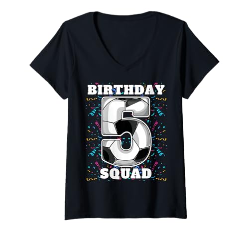 Damen Happy Birthday Soccer Squad 5. Geburtstag Spieler T-Shirt mit V-Ausschnitt von Soccer Squad Birthday Gifts and Apparel for Young