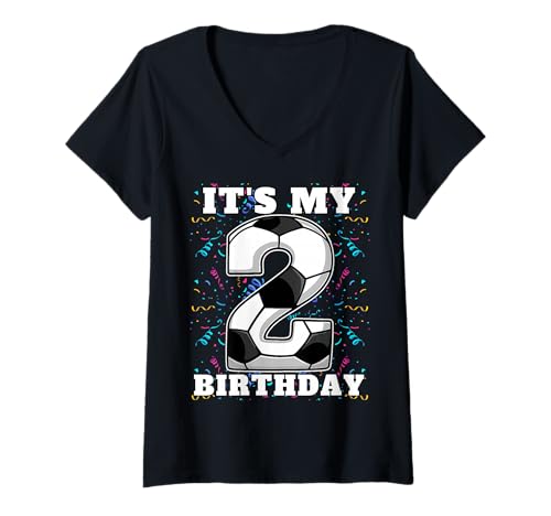 Damen Happy Birthday Soccer Squad Spielertrikot zum 2. Geburtstag T-Shirt mit V-Ausschnitt von Soccer Squad Birthday Gifts and Apparel for Young