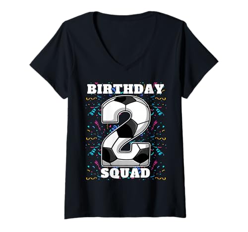 Damen Happy Birthday Soccer Squad Spielertrikot zum 2. Geburtstag T-Shirt mit V-Ausschnitt von Soccer Squad Birthday Gifts and Apparel for Young