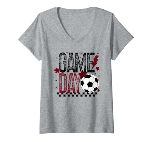 Damen Game Day Mädchen Fußballmannschaft Saison Retro Kastanienbraun und Schwarz T-Shirt mit V-Ausschnitt Damen Game Day Mädchen Fußballmannschaft Saison Retro Kastanienbraun und Schwarz T-Shirt mit V-Ausschnitt von Soccer T-Shirt Co.