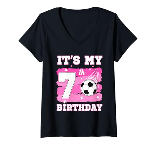 Damen Es ist Mein 7. Geburtstag Fußball-Thema 7 Year Old Girl Bday T-Shirt mit V-Ausschnitt von Soccer Theme 7 Year Old Birthday Girl Gift