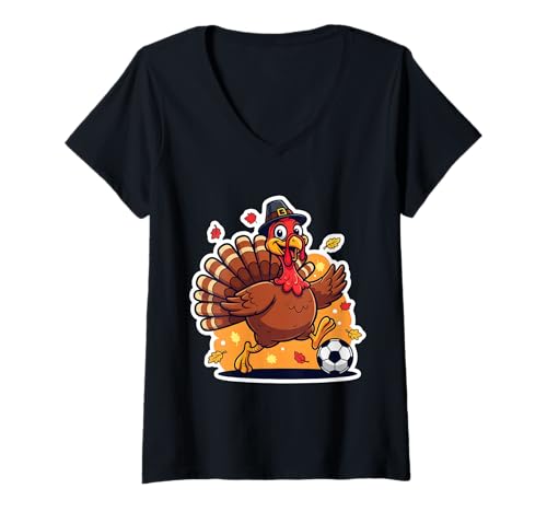 Damen Fußball Türkei Thanksgiving Jungen Mädchen Kinder Herbst Fußball T-Shirt mit V-Ausschnitt von Soccer Turkey Thanksgiving Boys Girls Products