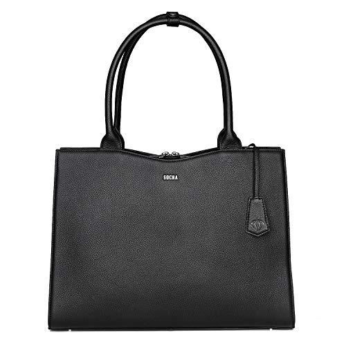 Socha Laptoptasche Damen/Aktentasche Frauen/Designertasche mit Tragegurt - Elegant - Leder - Diamond Edition - 15 Zoll Black von Socha