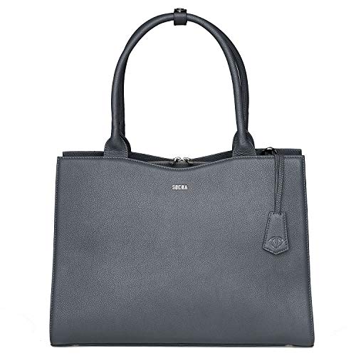 Socha Laptoptasche Damen/Aktentasche Frauen/Designertasche mit Tragegurt - Elegant - Leder - Diamond Edition - 15 Zoll Grau von Socha