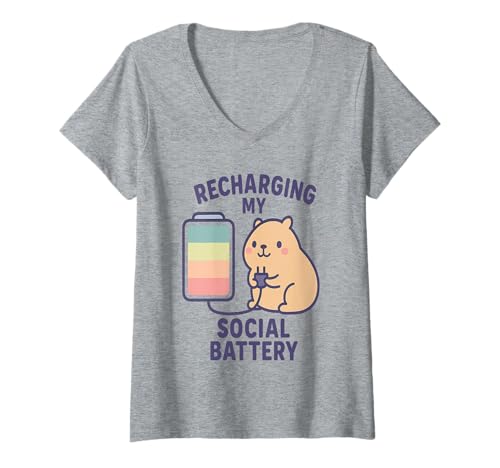 Damen Meine soziale Batterie Aufladen Süße Kawaii Capybara T-Shirt mit V-Ausschnitt Damen Meine soziale Batterie Aufladen Süße Kawaii Capybara T-Shirt mit V-Ausschnitt von Social Battery Collective