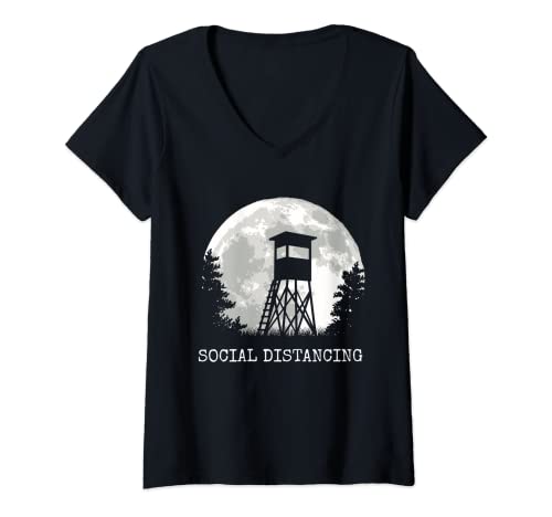 Damen Jagd Jäger Jägerin Ansitz Kanzel bei Vollmond Ansitzjagd T-Shirt mit V-Ausschnitt Damen Jagd Jäger Jägerin Ansitz Kanzel bei Vollmond Ansitzjagd T-Shirt mit V-Ausschnitt von Social Distancing für Jäger
