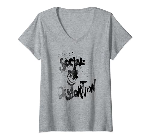 Damen Offizieller Social Distortion Black Splatter Smiley T-Shirt mit V-Ausschnitt von Social Distortion