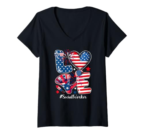 Damen LOVE Social Worker Tools 4th July US Flag Fireworks T-Shirt mit V-Ausschnitt Damen LOVE Social Worker Tools 4th July US Flag Fireworks T-Shirt mit V-Ausschnitt von Social Worker 4th Of July Costume