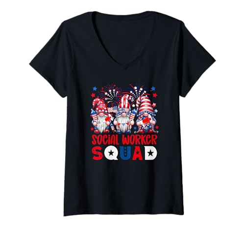 Damen Social Worker Squad 4th Of July US Flag Three Gnomes T-Shirt mit V-Ausschnitt Damen Social Worker Squad 4th Of July US Flag Three Gnomes T-Shirt mit V-Ausschnitt von Social Worker 4th Of July Costume