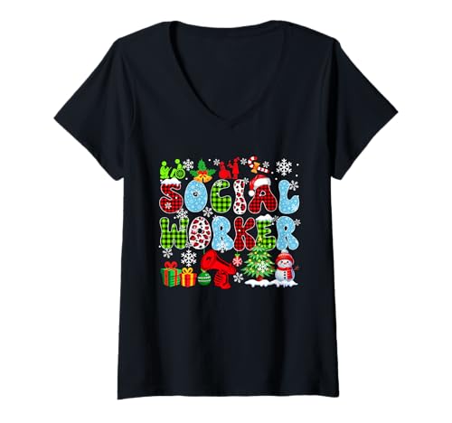 Damen Sozialarbeiter Weihnachtsbaum Leopard Weihnachtsmann Schneemann Job Team T-Shirt mit V-Ausschnitt Damen Sozialarbeiter Weihnachtsbaum Leopard Weihnachtsmann Schneemann Job Team T-Shirt mit V-Ausschnitt von Social Worker Christmas Costume