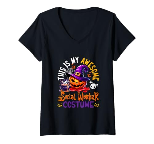 Damen My Awesome Social Worker Costume Witch Carved Pumpkin T-Shirt mit V-Ausschnitt Damen My Awesome Social Worker Costume Witch Carved Pumpkin T-Shirt mit V-Ausschnitt von Social Worker Halloween Costume