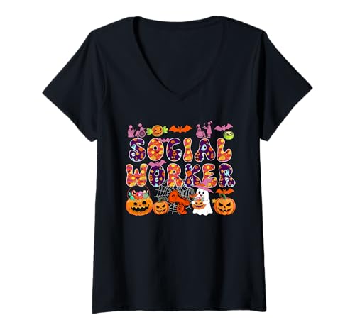 Damen Sozialarbeiter Halloween Boo geschnitzte Kürbisse Lustiges Job Team T-Shirt mit V-Ausschnitt Damen Sozialarbeiter Halloween Boo geschnitzte Kürbisse Lustiges Job Team T-Shirt mit V-Ausschnitt von Social Worker Halloween Costume