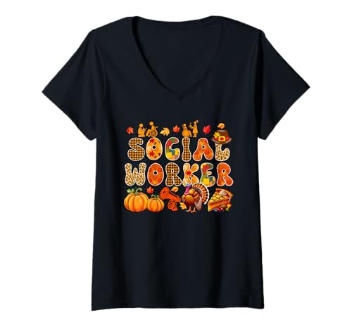 Damen Sozialarbeiter Thanksgiving Türkei Leopard Herbstblätter T-Shirt mit V-Ausschnitt Damen Sozialarbeiter Thanksgiving Türkei Leopard Herbstblätter T-Shirt mit V-Ausschnitt von Social Worker Thanksgiving Costume