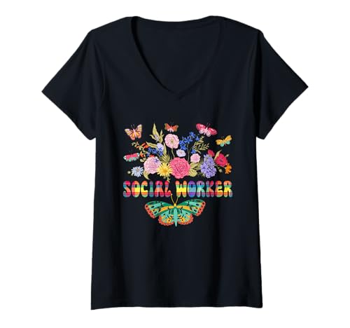 Damen Social Worker Cute Flowers Butterflies Costume Social Worker T-Shirt mit V-Ausschnitt Damen Social Worker Cute Flowers Butterflies Costume Social Worker T-Shirt mit V-Ausschnitt von Social Worker Vacations Costume