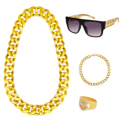 80er 90er Jahre Accessoires Outfit für Männer Hip Hop Kostüm Kit, Gefälschte Goldkette Rapper Sonnenbrille Faux Gold Seil Kette Armband Dollar Zeichen Fingerring für Rapper Zubehör Halloween Party 80er 90er Jahre Accessoires Outfit für Männer Hip Hop Kostüm Kit, Gefälschte Goldkette Rapper Sonnenbrille Faux Gold Seil Kette Armband Dollar Zeichen Fingerring für Rapper Zubehör Halloween Party von Sociaooil