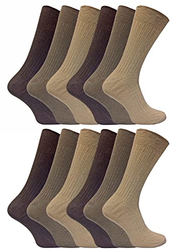 12er Pack Herren 100% Baumwolle Socken | Sock Snob | Atmungsaktive und Weiche Gerippte Schwarz Socken (39-45, Braun) von Sock Snob