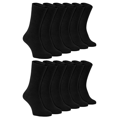 Sock Snob 12er Pack Herren 100% Baumwolle Socken in Schwarz Atmungsaktiv Crew Extra Weit Socken Ohne Gummi (39-45, TSFD03) von Sock Snob