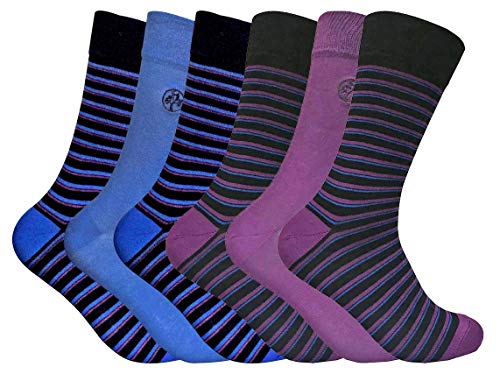 Sock Snob - 6er Pack Herren Atmungsaktiv Bunt Gemustert Muster Bambus Socken (Gestreift Blue/Purple, 39/45) von Sock Snob