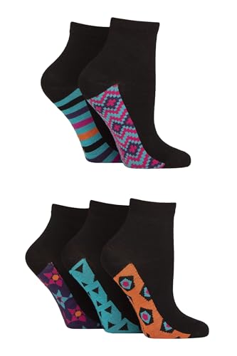 SockShop Damen Bambus Knöchelsocken - Knöchelhoch, Fußkettchen, Weich, Kühlung, Atmungsaktiv, Schmucklos und gemustert, 5 Paar Multipack Größe 37-42 Gemusterte Sohle Geometrisch von SockShop