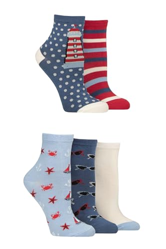 SockShop Damen Bambus Knöchelsocken - Knöchelhoch, Fußkettchen, Weich, Kühlung, Atmungsaktiv, Schmucklos und gemustert, 5 Paar Multipack Größe 37-42 Nautisch von SockShop