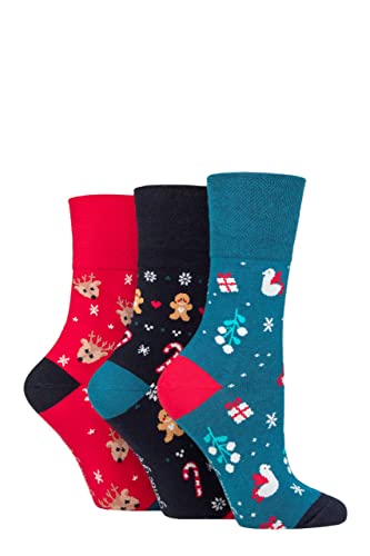 SockShop Gentle Grip Damen Baumwolle Weihnachten Socken Packung 3 Festlicher Spaß 37-42 von SockShop