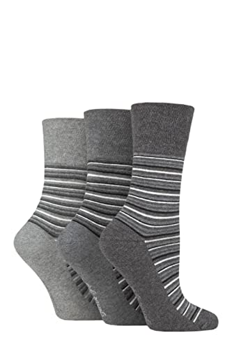 SockShop Gentle Grip Damen Bluemen Gemusterte und gestreifte Baumwolle Socken Multipack 3 37-42 Abwechslungsreicher Streifen Holzkohle/Grau von SockShop