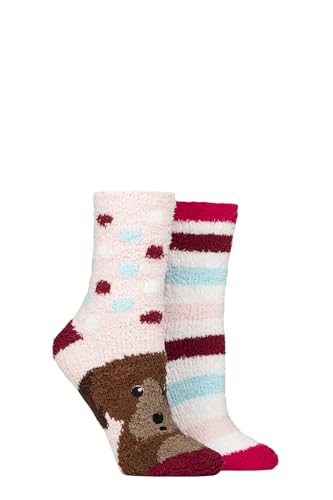 SockShop Wildfeet Damen Gemütlich Lounge Socken mit Anti-Rutsch-Griffen 2 Paar Multipack Größe 37-42 Hund/Streifen von SockShop