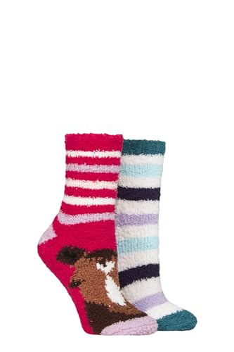 SockShop Wildfeet Damen Gemütlich Lounge Socken mit Anti-Rutsch-Griffen 2 Paar Multipack Größe 37-42 Pferd/Streifen von SockShop