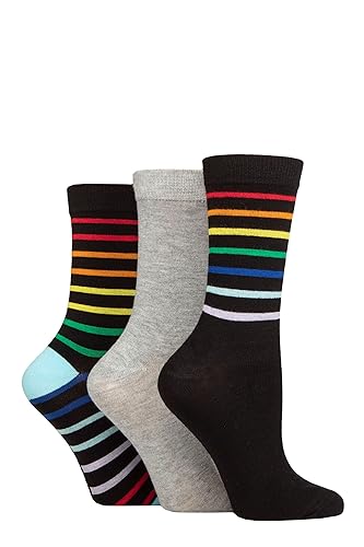 SockShop Wildfeet Damen Gemustert Bambus Socken Packung 3 (37-42, Regenbogenstreifen Schwarz) von SockShop