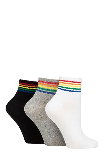 SockShop Wildfeet Damen Schmucklos Mittlerer Schnitt Gerippt Crew Socken Packung 3 (37-42, Weiß/Grau/Schwarzer Regenbogen) von SockShop