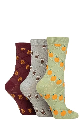 SockShop Wildfeet Damen Strukturiert Socken - Strukturiert Stricken Gemustert Weich Baumwolle Socken in einem 3 Paar Multipack Größe 37-42 Kürbis/Latte/Blatt 37-42 von SockShop