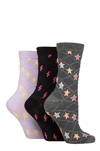 SockShop Wildfeet Damen Strukturiert Socken - Strukturiert Stricken Gemustert Weich Baumwolle Socken in einem 3 Paar Multipack Größe 37-42 Stern/Blitz 37-42 von SockShop
