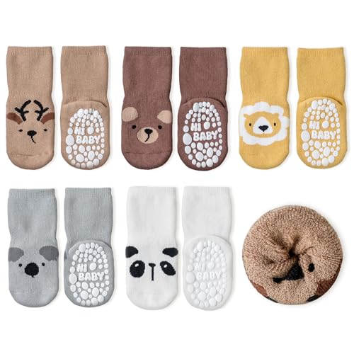 SockWaddles Stoppersocken Kinder Baby Dicke Vollfrottee - 5 Paar Thermosocken Kinde, ABS Krabbelsocken Baby mit Tiermotiven für Jungen und Mädche(1-3Jahre) von SockWaddles