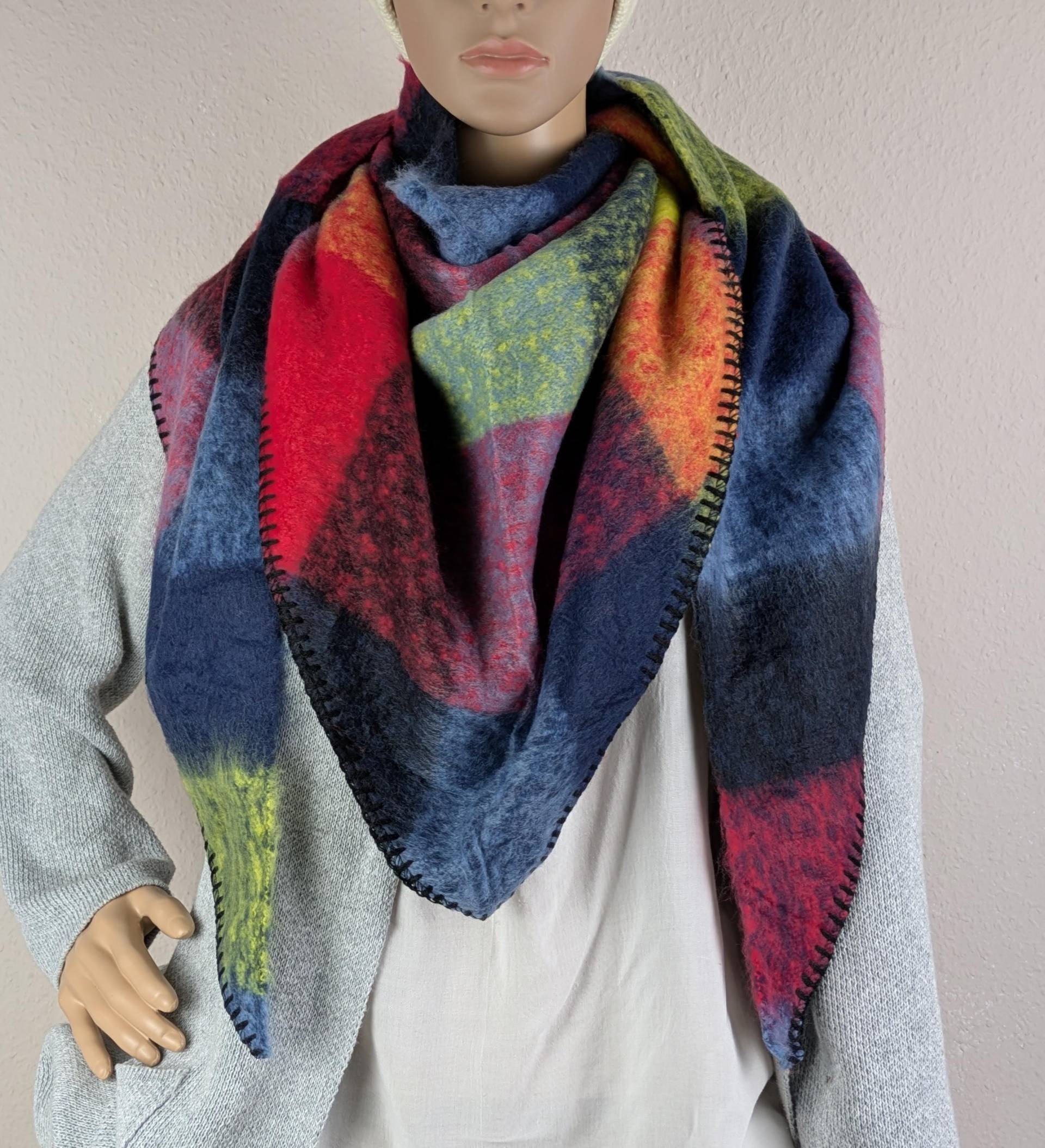 xl Dreieckstuch Kariert Blau-Rot-Gelb-Grün Kuschelig Wolle-Viskose>Flauschschal Karo>Winterschal Kuschelschal Webschal>Geschenk Für Sie von SockeSchalMuetze