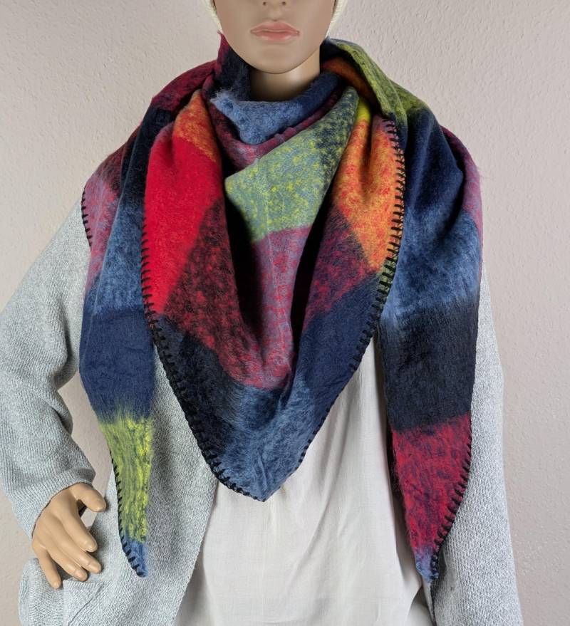 xl Dreieckstuch Kariert Blau-Rot-Gelb-Grün Kuschelig Wolle-Viskose>Flauschschal Karo>Winterschal Kuschelschal Webschal>Geschenk Für Sie von SockeSchalMuetze