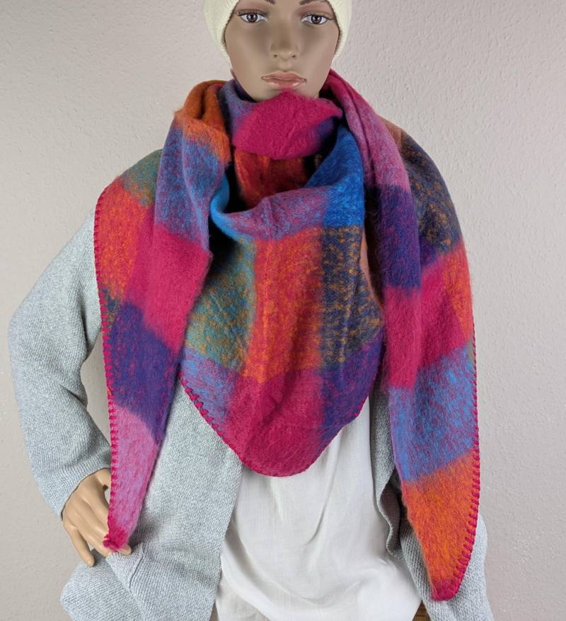 xl Dreieckstuch Kariert Lila-Pink-Orange Töne Kuschelig Wolle-Viskose>Flauschschal Karo>Winterschal Kuschelschal Webschal>Geschenk Für Sie von SockeSchalMuetze